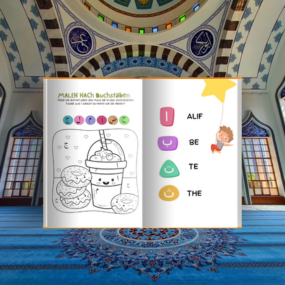 Mein arabisches Arbeitsheft Teil 1/2 - die ersten Quran Buchstaben Schritt für Schritt erlernen für Kinder zwischen 3-4 Jahren
